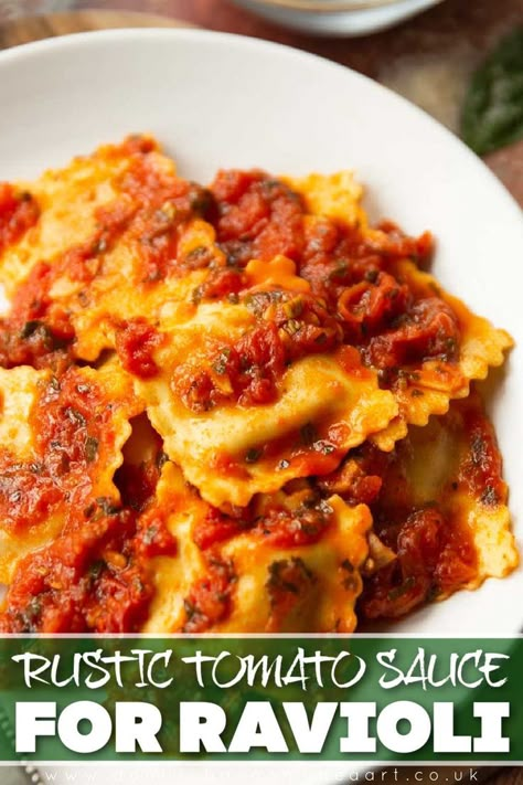 This easy tomato sauce is perfect to pair with store bought ravioli. Better still, it only has 4 ingredients! | www.dontgobaconmyheart.co.uk Ravioli Recipe Sauce Tomato, Ravioli With Tomato Sauce, Tomato Sauce For Ravioli, Red Sauce For Ravioli, How To Make Ravioli Sauce, Ravioli Sauce Tomato, Ravioli Sauce Ideas, Ravioli Tomato Sauce, Ravioli Recipe Sauce