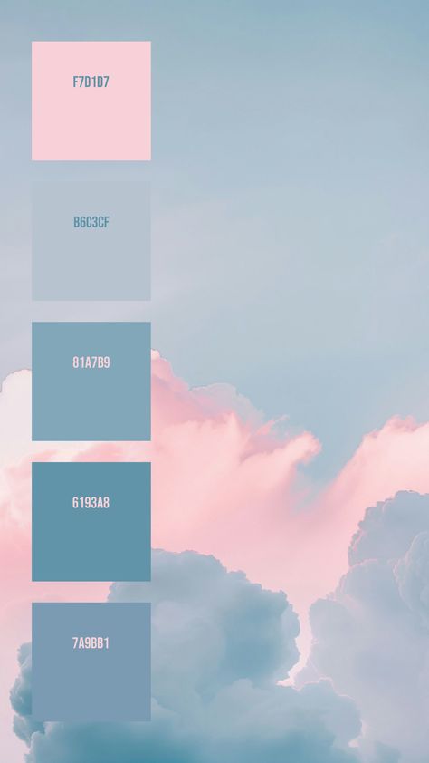 Colors:
F7D1D7
B6C3CF
81A7B9
6193A8
7A9BB1 Cloud Branding, Cloud Palette, Blue Pink Color Palette, Cloud Color Palette, Blue And Pink Palette, Pink And Blue Color Palette, Sky Color Palette, Procreate Palettes, Air Magic