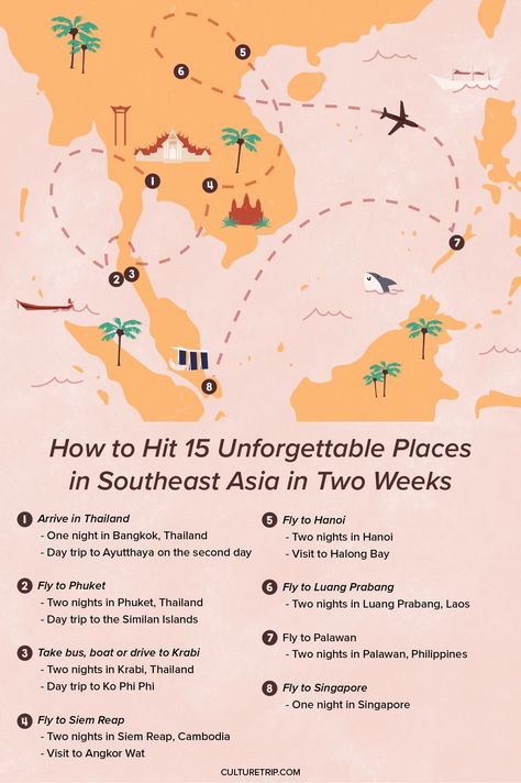 How to Visit 15 Unforgettable Places in Southeast Asia in Two Weeks | maps, Asia, Bangkok and Ayutthaya, Phuket and the Similan Islands, Krabi and Ko Phi Phi, Krabi and Ko Phi Phi, Hanoi and Halong Bay, Luang Prabang, Singapore, Palawan, illustration, islands, bucket list. flight, airplane, travel, must try, island hopping Flight Airplane, One Night In Bangkok, Backpacking Asia, Ao Nang, Travel Route, Luang Prabang, Halong Bay, Travel Asia, Asia Travel Guide