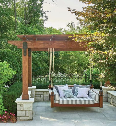 Henry_Hall_Designs Pool Bed, Patio Design Ideas, Stone Road, Swing Bed, Dream Deck, Pergola Swing, Pergola Ideas, Wooden Swing, Backyard Seating