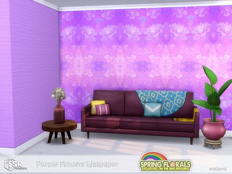 The Sims Resource - Spring Florals - Purple Flowers Wallpaper Sims 4 Decorations, Hazard Wallpapers, Sims 4 2023, Sims 4 Build Mode, Purple Flowers Wallpaper, Sims Building, Spring Florals, Sims 4 Build, Flowers Wallpaper