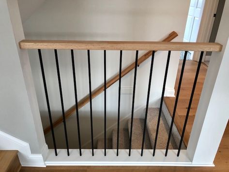 Railing For Balcony Indoor, Lowes Stair Railing, Stair Railing Metal And Wood, Indoor Railing Ideas Banisters, Metal Railing Redo, Stair Rail Remodel, Adding Railing To Stairs, Replace Stair Railing Diy, Diy Stair Railing Cheap Metal