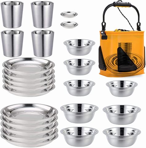 Stainless Steel Plates 、Bowls 、Cups and Spice Dish. Camping Set (24-Piece Set) 3.5inch to 8.6inch. Outdoor Use Incl. Collapsible Water Bucket : Amazon.ca Camping Plates, Camping Dishes, Dishware Sets, Camping Cookware, Steel Plates, Camping Set, Stainless Steel Bowls, Camp Kitchen, Stainless Steel Plate