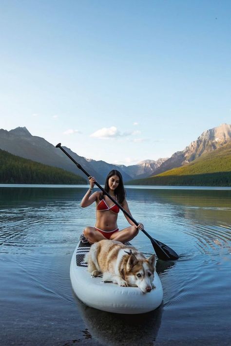 Girl (in a red bikini) and a dog sit on a white paddle board on Bowman Lake. Montana Glacier National Park, Lake Photoshoot, Sup Stand Up Paddle, Vsco Pictures, Glacier National Park Montana, Kayak Camping, Paddle Surfing, Hiking National Parks, Festival Camping