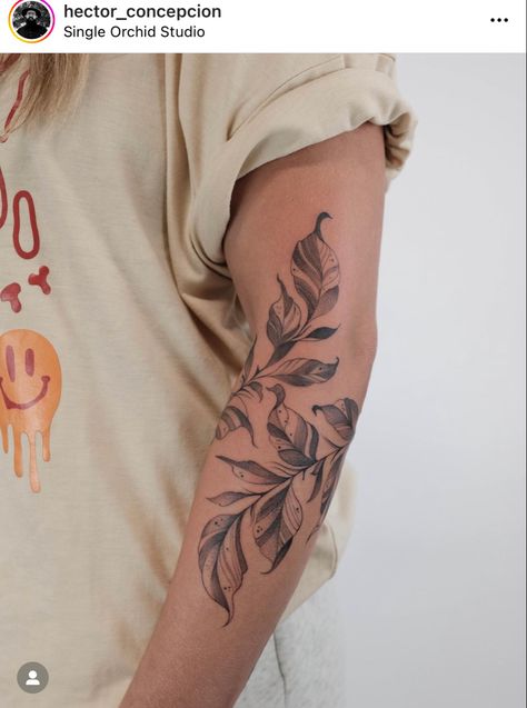 Full Arm Plant Tattoo, Bicep Cover Up Tattoos For Women, Masculine Vine Tattoo, Wraparound Leaves Tattoo, Plant Vine Tattoo Arm, Mens Leaf Tattoo, Plant Tattoos Arm, Plant Arm Sleeve Tattoo, Arm Leaves Tattoo