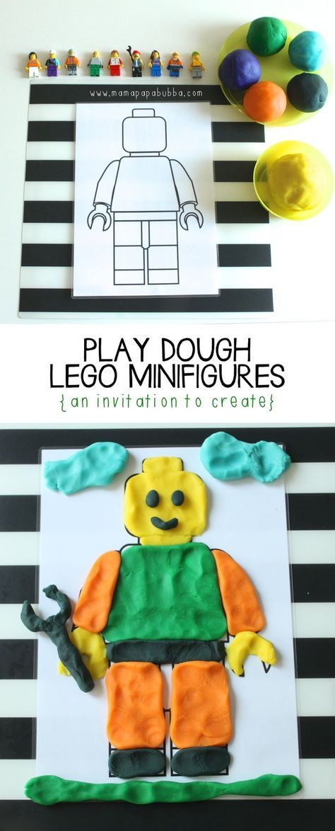 Play Dough LEGO Minifigures | Mama.Papa.Bubba. Lego Classroom, Lego Therapy, Lego Camp, Play Dough Mats, Dough Mats, Gratis Printables, Lego Theme, Lego Club, Playdough Activities