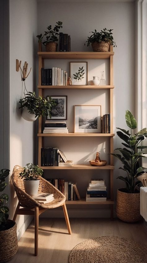 Open Shelves Library, Nature Scandinavian Interior, Scandinavian Plants Interiors, Home Design Scandinavian, Cozy Library Living Room, Natural Scandinavian Interior, Library Home Aesthetic, Scandinavian Home Decor Ideas, Shelving Aesthetic