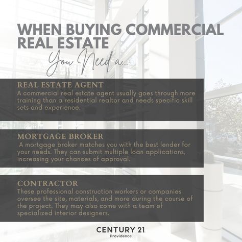 💼🌟 Buying Commercial Real Estate? You Need: REAL ESTATE AGENT: Commercial real estate agents have specialized training and experience.  MORTGAGE BROKER: They find the best lenders and submit multiple loan applications for better approval odds.  CONTRACTOR: Oversees construction projects, materials, and often includes a team of interior designers.  Get started with a Century 21 Commercial Providence agent today! 🏢🔍   #Century21CommercialProvidence #CommercialRealEstate #ExpertAdvice Commercial Real Estate Agent, Luxury Real Estate Agent, Union County, Mortgage Broker, Loan Application, Construction Projects, Real Estate Broker, Commercial Real Estate, Real Estate Agents