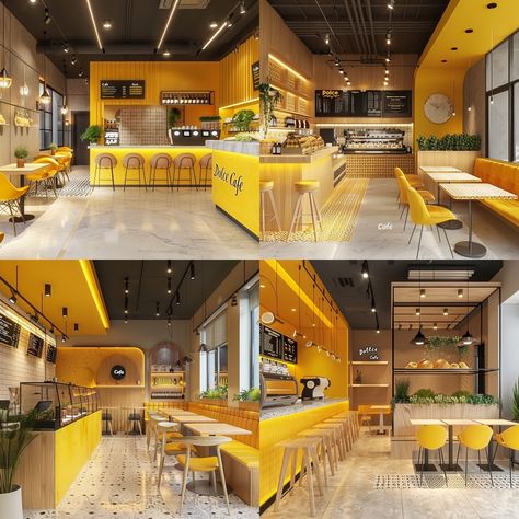 Yellow Cafe Interior, Dessert Cafe Interior, Yellow Coffee Shop, Mini Cafe, Bakery Store, Bakery Interior, Italian Bakery, Yellow Coffee, Yellow Interior