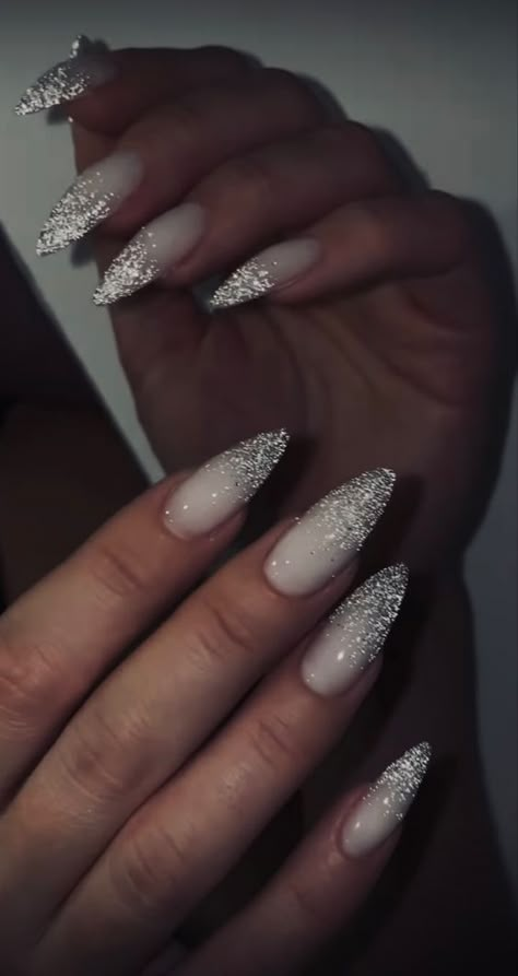 Silver Nails New Years, White Nails Silver Tips, Silver Almond Shaped Nails, Black Sparkle Nails Almond, Silver Nails Almond Shape, Silver Almond Acrylic Nails, Sliver Nails Ideas, Silver Nails Almond, Almond Nails Silver