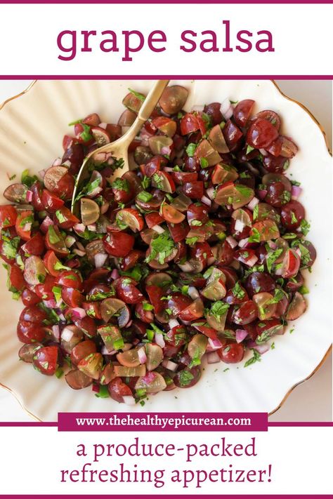 An overhead shot of a bowl of grape salsa. Grape Salsa, Grape Appetizers, Optimum Nutrition Whey, Cilantro Salsa, Grape Recipes, Grape Salad, Healthy Sweets Recipes, Mediterranean Diet Recipes, Salsa Recipe