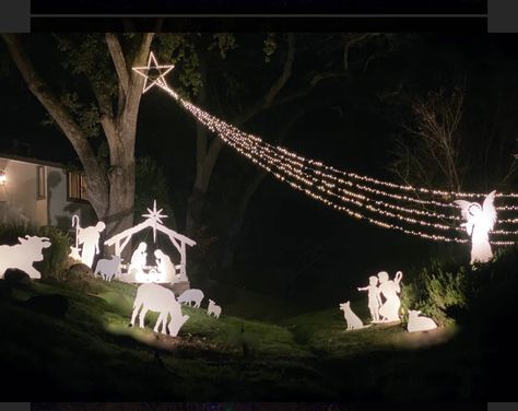 Nativity Scene Christmas Parade Float, Front Yard Nativity Scene, Outdoor Christian Christmas Decorations, Cactus Installation, Diy Outdoor Nativity Scene, Diy Outdoor Nativity, Manger Scenes, Christmas Nativity Scene Diy, Outdoor Christmas Light Displays