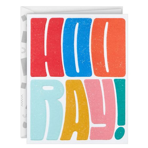 Congratulations greeting card features "Hooray!" written in bold and colorful, retro-style lettering. Perfect for any good-news situation calling for a celebratory message. Embossed accents add a special touch. | Includes one card and one envelope with a Gold Crown seal. Envelope color may vary. | Card pkg. size: 4.38" W x 5.75"" H Retro Greeting Card, Work Anniversary Cards, Congratulations Cards Handmade, Personal Branding Inspiration, Congratulations Greeting Card, Congratulations Greetings, Hallmark Greeting Cards, Congratulations Cards, Anniversary Greeting Cards