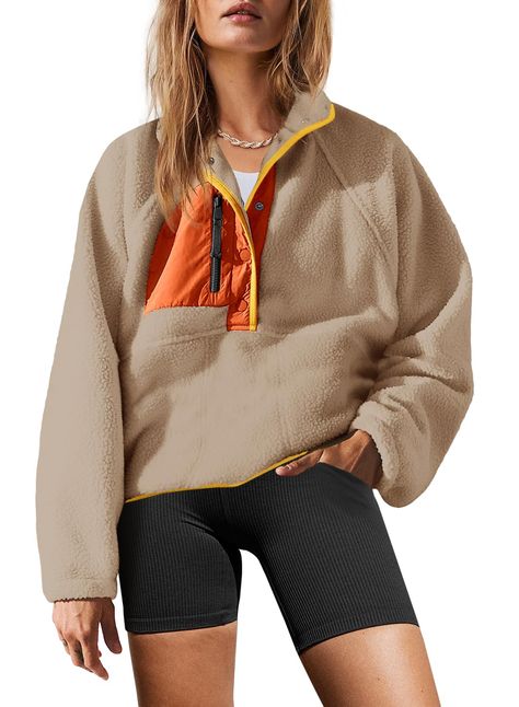 PRICES MAY VARY. Super soft fleece material, soft fluffy fleece fabric, comfortable and skin-friendly, makes you have a cute look, easy to match and wear it comfortable FASHION DEISGN: The button down sherpa pullover is very comfortable and loose to wear and you won't feel tight in it. It is made with soft fabric, nylon patches; zipper pockets; quarter-button closure, elastic cuffs, making it more comfy against the skin, can be worn next to your skin, you will never want to take it off. Features Winter Clothes Design, Young Women Gifts, Fuzzy Jackets, Womens Sherpa Jacket, Trendy Stuff, Outfits Athletic, Womens Sherpa, Fleece Cardigan, Button Down Sweater