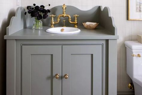 Cabinets often cover a decent amount of surface area, so their appearance can make or break the whole room. Here's our best colorful bathroom cabinet inspiration. Bathroom Cabinet Hardware Ideas, Bathroom Grey Cabinets, Painting Bathroom Vanity, Cabinet Hardware Ideas, Colorful Bathroom Decor, Powder Vanity, Bathroom Cabinet Hardware, Bathroom Cabinet Colors, Colorful Bathroom