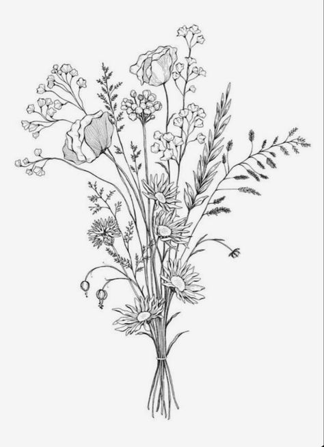 Wildflower Bouquet Line Drawing, Flower Drawing Composition, Wildflower Sketch Drawings, Wildflower Drawing Tattoo, Flower Arrangement Drawing, Flower Bouquet Drawings, Wildflower Bouquet Drawing, Flower Drawing Bouquet, Floral Bouquet Drawing