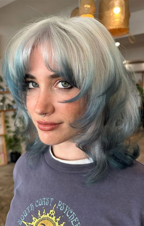 layered haircut, butterfly haircut, long layered with bangs, 90s haircut, Bridget Bardot inspired haircut Half Brown Half Blue Hair, Blonde With Blue Tips, Blonde Hair With Blue Tips, Bangs 90s, Haircut Butterfly, Blue Tips Hair, Haircut Ideas Brown Hair, Blue Brown Hair, Hair Color Inspiration