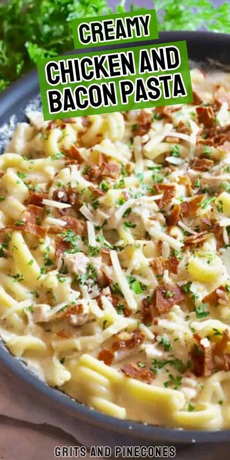 Creamy chicken and bacon pasta is an easy chicken pasta dish the whole family will love. When you think of comfort food, rich and creamy comes to mind, and this chicken and bacon pasta is no exception. Full of heavy cream, parmesan cheese, and bacon, this decadent recipe would make a great addition to your menu! Easy Chicken Pasta Dishes, Creamy Chicken And Bacon Pasta, Creamy Chicken And Bacon, Chicken Pasta Dish, Chicken And Bacon Pasta, Bacon Pasta Recipes, Chicken Bacon Alfredo, Creamy Chicken Pasta Recipes, 2024 Meals