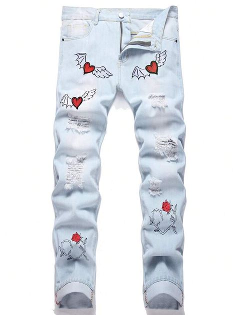 Grey Denim Graphic,Plaid Skinny Embellished Slight Stretch Men Denim Summer Swag Outfits, White Ripped Jeans, Dope Outfits For Guys, Heart Embroidery, Red Jeans, Fashion Suits For Men, Cool Outfits For Men, Jeans Diy, Bleach Wash