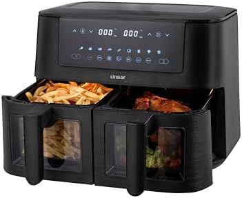 Linsar - Dual Zone Air Fryer - with Double Chamber - 8L Air Fryer 2 Baskets - with Viewing Window - Touch Screen - 9 Presets - Sync Ready Technology (Black) Check more at https://uk.productsoffer.in/linsar-dual-zone-air-fryer-with-double-chamber-8l-air-fryer-2-baskets-with-viewing-window-touch-screen-9-presets-sync-ready-technology-black/ Double Air Fryer, Air Fryer, Touch Screen, Baskets, Kitchen Appliances, Dream House, Screen, Technology, Quick Saves