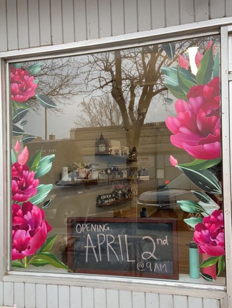 Showcase Painting Ideas, Shop Window Vinyl, Shop Window Design Ideas, Shop Window Vinyl Design, Flower Shop Window Displays, Store Front Decal Window Displays, Spring Window Decorations, Summer Window Display Store Fronts, Window Display Design Creative