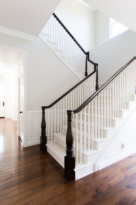 Black Stair Banister Ideas, Black Stair Rail, Upstairs Railing, Open Staircase Ideas, Stairway Railing, Black Stair Railing, Two Cups Of Coffee, Black Railing, Stair Rails