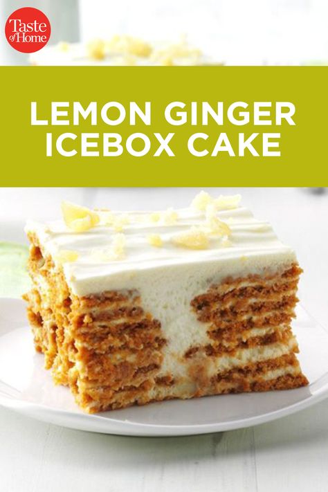 Lemon Ginger Dessert, Fridge Desserts, Dessert Recipes Easy Quick, Stack Cakes, Lemon Cobbler, Ginger Desserts, Easy Christmas Desserts, Lemon Icebox Cake, Icebox Cakes