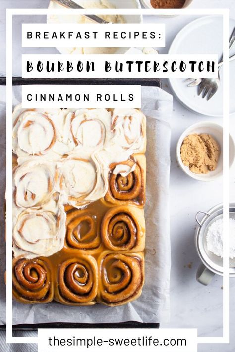 This cinnamon roll recipe takes the breakfast you know and love, and kicks it up a notch with a boozy, bourbon butterscotch twist. Click through for tips on working ahead when you're short on time by making these overnight or freezing them. #cinnamonroll #breakfastrecipe Butterscotch Cinnamon Rolls, Weekend Baking, Breakfast Bakes, Sticky Rolls, Easy Cinnamon Rolls Recipe, Bourbon Recipes, Cinnamon Roll Recipe, Roll Recipes, Cinnamon Rolls Homemade