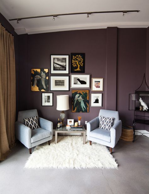 Benjamin Moore paint color: vintage wine, purple lotus, grappa, peerage? Plum Room, Eclectic Loft, معرض فني, Purple Living Room, Loft Bedroom, Purple Rooms, Purple Decor, Eclectic Living Room, Purple Walls