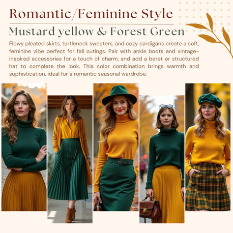 A collection of romantic fall outfits in mustard yellow and forest green, featuring pleated skirts, turtleneck sweaters, and cozy cardigans. Models accessorize with ankle boots, berets, and delicate jewelry, creating a feminine and elegant look perfect for autumn outings and cozy days. Green And Yellow Outfits For Women, Yellow Cardigan Outfit Fall, Mustard Yellow Skirt Outfit, Yellow Skirt Fall, Mustard Skirt Outfit, Mustard Cardigan Outfit, Yellow Skirt Outfit, Yellow Cardigan Outfits, Cozy Romance