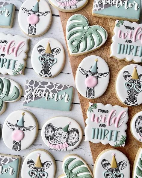 Zoo Theme Cookies, You G Wild And Three, Two Wild Royal Icing Cookies, Party Animal Birthday Theme Cookies, One Wild And Three Birthday, Four Ever Wild Birthday Cookies, Wild 3 Birthday Party Girl, Two Wild Cookies Decorated, Born Two Be Wild Cookies