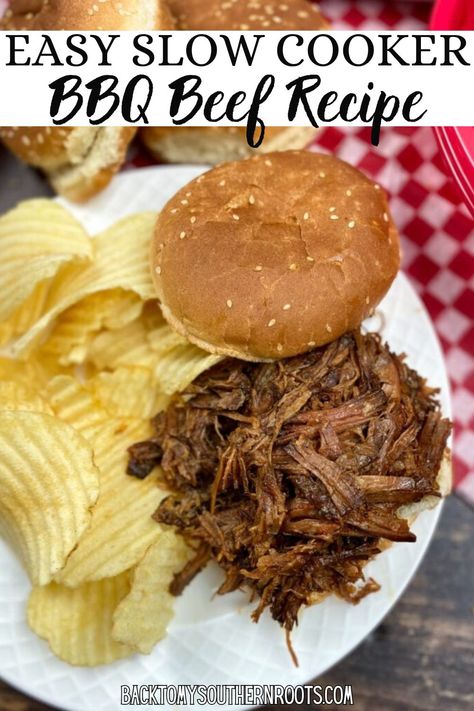 Beef Bbq Recipes, Bbq Beef Crockpot, Crockpot Bbq Beef, Potluck Sides, Shredded Roast, Slow Cooker Bbq Beef, Hot Beef Sandwiches, Bbq Beef Sandwiches, Bbq Sauce Homemade Easy