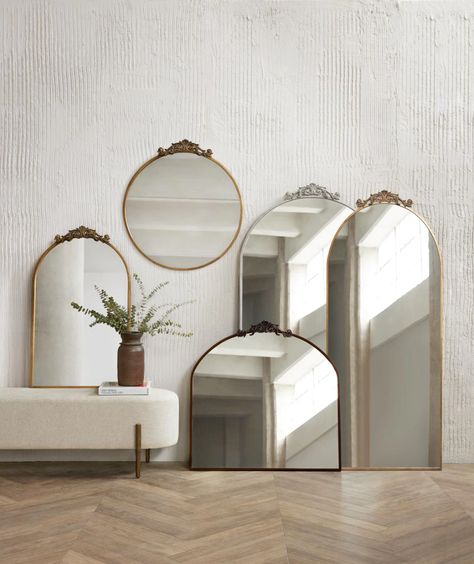 Shop the Tulca vanity mirror to give your bathroom vanity or console table an elegant touch. This narrow mirror is perfect for a powder room or hallway. Shop now. Arch Floor Mirror, Large Floor Mirror, Oversized Wall Mirrors, Curved Mirror, Large Round Mirror, Full Length Floor Mirror, Hallway Console, Mirrored Console Table, Vintage Mirror Wall