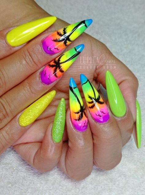 Pastel green and yellow sunset nails with palm trees and birds Nails Tropical, Cruise Nails, Beach Nail Art, Palm Tree Nails, Neon Acrylic Nails, Summer Nails Beach, Hippie Nails, Cute Spring Nails, Colorful Nails