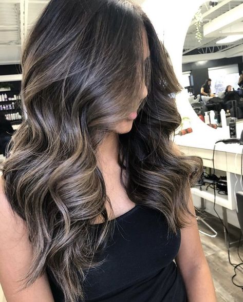 Pin by Gabby Gutierrez on Hair in 2022 | Black hair balayage, Hair inspo color, Hair color balayage Black Hair Foilayage, Brown Foilayage Hair, Partial Foil Brunette, Foilayage On Black Hair, Dark Brown To Ash Blonde Balayage, Dark Brown Hair With Ashy Highlights, Ashy Babylights On Dark Hair, Dark Brown Hair Balayage, Black Hair Balayage