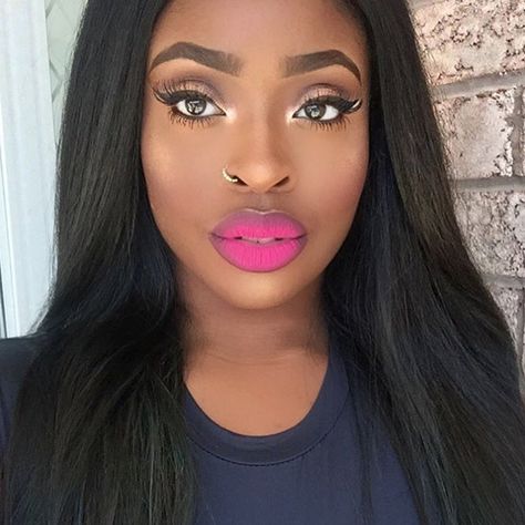 Pink Lipstick Looks, Dark Pink Lipstick Makeup, Pink Lip Makeup Look, Pink Lipstick Black Women, Pink Lipstick For Dark Skin, Hot Pink Lipstick Makeup Look, Pink Lip Black Women, Hot Pink Lips Makeup, Bright Pink Lipstick Makeup Look