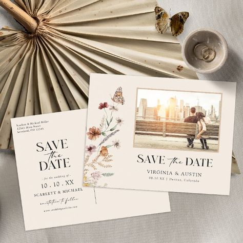 Photo Floral Save The Date Postcard Floral Postcard, Rustic Wedding Save The Dates, Postcard Wedding, Typography Script, Trendy Typography, Wedding Announcement Cards, Wildflower Wedding Invitations, Rustic Save The Dates, Save The Date Postcard