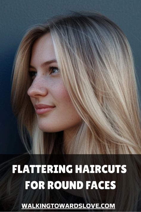 Woman with long, layered blonde hair, text overlay: "Flattering Haircuts for Round Faces". Womens Haircut For Round Faces Medium Lengths Long Layered, Full Face Haircut, Haircuts For Full Faces, Best Hairstyles For Round Face, Flattering Haircuts For Round Faces, Medium Hair Round Face, Over 40 Hair, Best Haircuts For Round Faces, Round Face Hairstyles Long