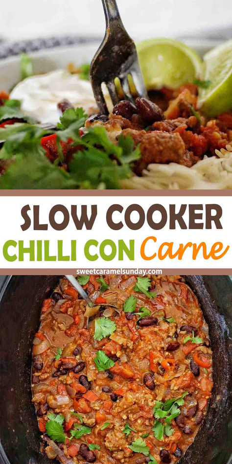 Fork being pushed into a bowl of chilli and rice with text written between 2 images. Slow Cooker Chilli Con Carne, Slow Cooker Chilli, Chilli Con Carne Recipe, Carne Recipe, Con Carne Recipe, Healthy Chili, Slow Cooker Recipe, Easy Slow Cooker Recipes, Most Popular Recipes