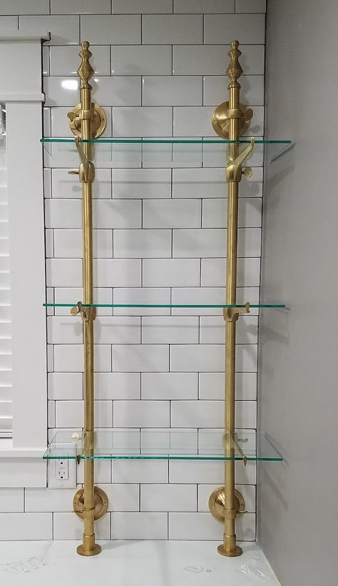 French Bistro Brass Shelving, Brass Glass Shelves, Brass Bistro Shelving, Glass And Brass Shelves, Diy Bistro Shelving, French Bistro Shelves Kitchen, Kitchens With Shelves And Cabinets, Family Recipe Display, Brass Kitchen Shelves