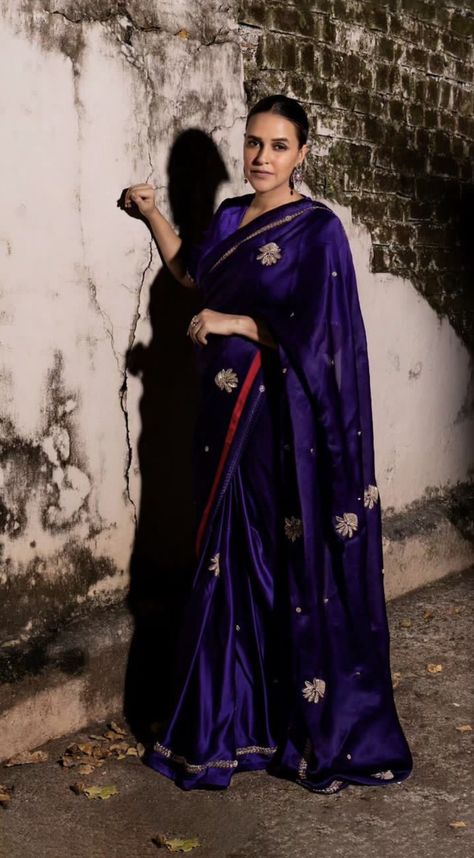 Neha Dhupia, Saree Wearing, Saree Wearing Styles, Simple Saree Designs, Sari Design, Happy Dresses, Purple Saree, Party Sarees, Indo Western Dress