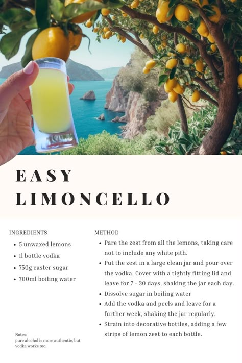 how to make limoncello with vodka, easy recipe to make homemade limoncello, using this limoncello recipe Diy Limoncello Recipe, Home Made Limoncello, How To Make Limoncello, Homemade Limoncello Recipe, Lemoncello Recipes Drinks, Authentic Limoncello Recipe, Lemoncello Recipes, Positano Party, Cocktails For Winter