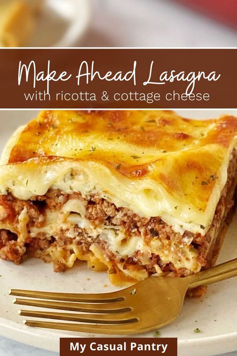 This comfort food classic is a hearty casserole that can be made ahead of time - and freezes well too! With layers of ground beef and sausage alternated with a blend of cottage cheese, ricotta, and Parmesan, this lasagna is a winner! Lasagna Recipe Make Ahead, Lasagna Make Ahead, Lasagna Make Ahead And Freeze, Easy Lasagna Recipe Without Ricotta Or Cottage Cheese, Lasagna With Cottage Cheese And Ricotta, Lasagna With Cottage Cheese Easy, Easy Lasagna Recipe With Cottage Cheese, Make Ahead Lasagna Recipe, Casseroles That Freeze Well