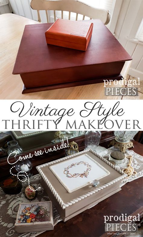 Who knew thrifted could look so good? This set of wooden boxes got a thrifty makeover into vintage style keepsake boxes | Full DIY tutorial by Larissa at Prodigal Pieces | prodigalpieces.com #prodigalpieces #handmade #home #vintage #diy #homedecor #shopping Repurposed Wooden Box, Flatware Box, Decoupage Jewelry Box, Box Makeover, Jewelry Box Makeover, Upcycle Ideas, Beautiful Dresser, Jewelry Box Diy, Free Furniture