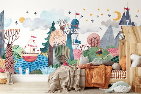 Castle Mural, Rainbow Wall Mural, Kindergarten Wallpaper, Nursery Wall Murals, Nursery Patterns, Spring Forest, Mountain Wallpaper, Watercolor Mountains, Forest Wallpaper