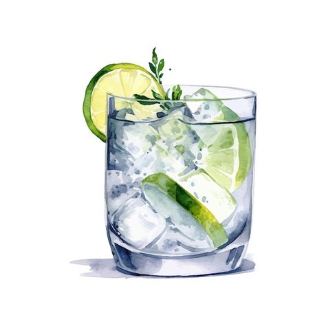 Watercolor Drinks, Gin Drawing, Cocktail Drawing, Drink Menu Illustration, Cocktail Watercolor, Watercolor Cocktails, Gin And Tonic Drawing, Watercolor Drink Illustration, Gin Tonic Illustration