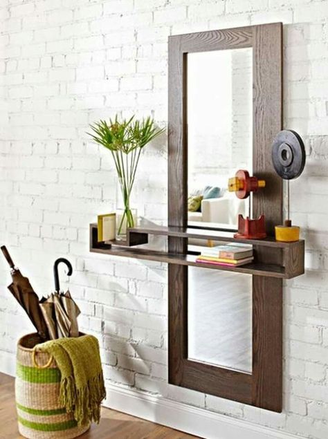 Diy Wall Mirror, Decoration Hall, Entry Mirror, Entryway Mirror, Mirror With Shelf, White Brick, Diy Mirror, Ikea Hacks, Brick Wall