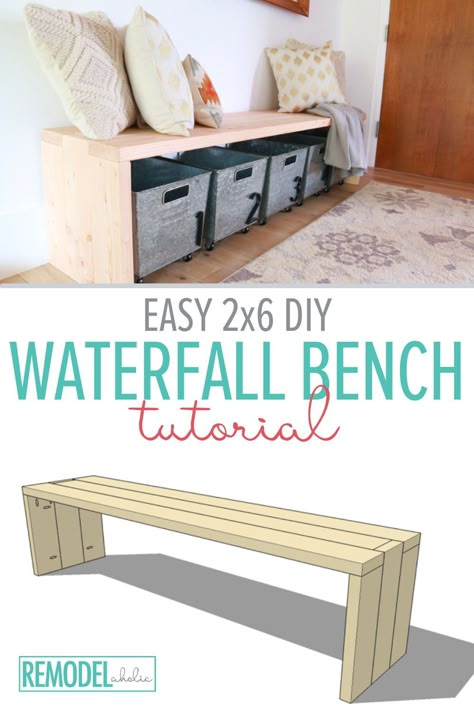 Learn how to build an easy wood 2×6 bench from just 3 boards! This modern DIY waterfall bench tutorial is easy for beginners and includes detailed woodworking plans. Want a different style DIY wood bench? Try this $25 easy DIY farmhouse bench and this 2-board outdoor garden bench. Waterfall Bench Diy, 2x6 Bench, Diy Farmhouse Bench, Waterfall Bench, Farmhouse Bench Diy, Diy Waterfall, Diy Entryway Bench, Diy Wood Bench, Making A Bench