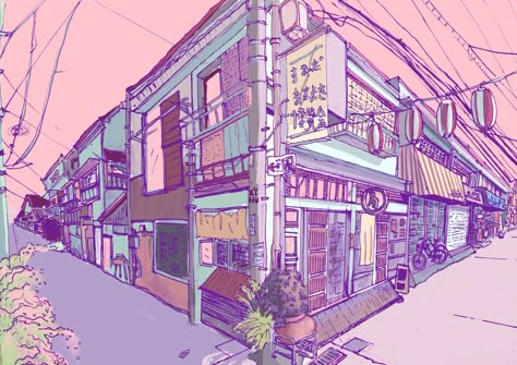 Street Corner Drawing, Japanese City Drawing, Japan Village Aesthetic, Japan Street Drawing, Japanese Street Drawing, Japan City Drawing, Japan Aesthetic Drawing, Japanese City Art, City Street Drawing