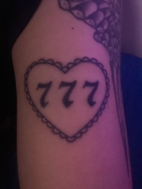 simones tattoos 11/14/21 #tattoo #777 #angelnumbers #hearttattoo #heart Heart Tattoo With Numbers Inside, 777 Chest Tattoo, 777 Tattoo Design, 2000s Tattoos, 777 Tattoo Ideas, 777 Tattoo Meaning, Self Made Tattoo, Tattoo Pretty, 21 Tattoo